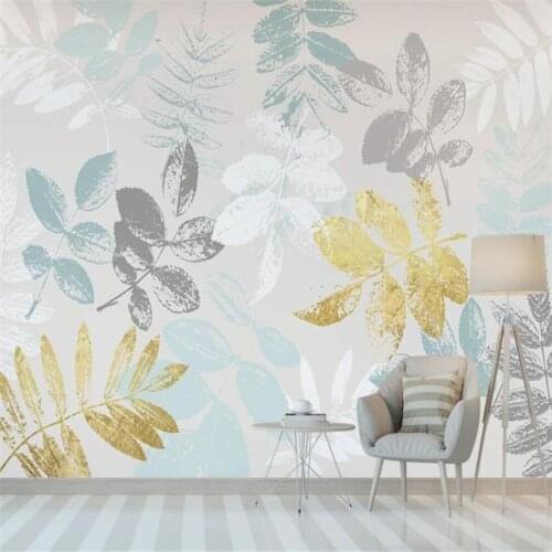 Customized 3D mural wallpaper Nordic simple golden small fresh tropical leaves sofa background wall decoration painting