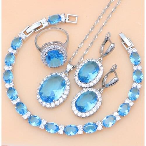Noble Lady 925 Sterling Silver Jewelry Sets Sky Blue Australian Crystal for Women Earrings Necklace Kit Party Dropshipping
