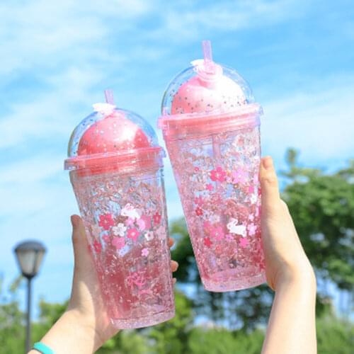 Creative Water Cup Cute Student Gradient Color Cherry Plastic Bottle Tea Milk Drink Cup Coffe Mug Double-layer Cooling Straw Cup