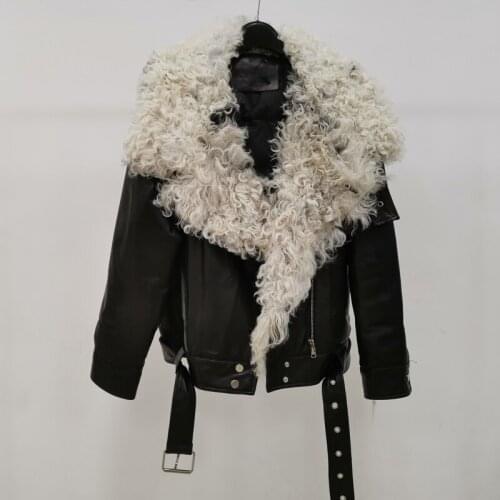 Women Coat Winter New Fashion Short Genuine Sheepskin Leather Jacket Oversized Wool Fur Collar Fillers Duck Down Thick Warm