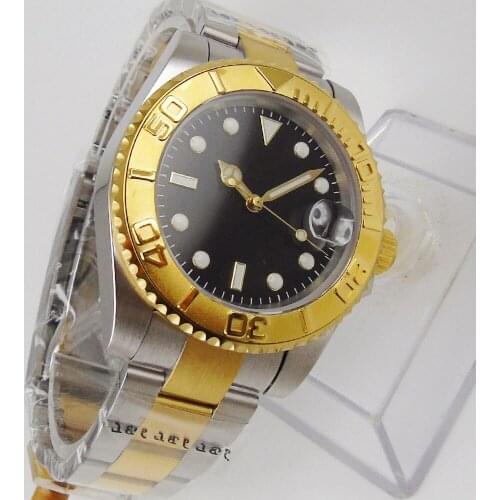 40mm Sterile Black Dial Luminous Gold Plated Insert Bezel Sapphire Glass NH35 Date Automatic Mens Watch