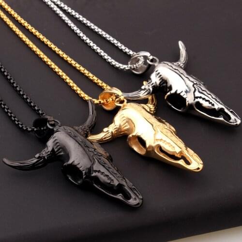 Mens Jewelry Decoration Silver/Black/Gold Stainless Steel Buffalo Head Skull Pendant Necklace Free