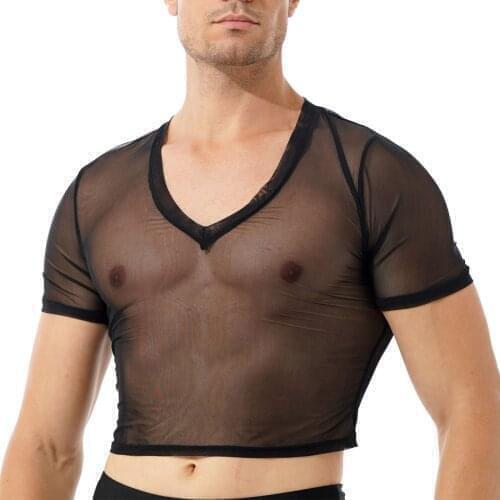 Men Underwear Sheer See-through Mesh Sexy Crop Top V Neck Short Sleeve Cropped T-shirt for Party Nightclub Exotic Tanks Costumes
