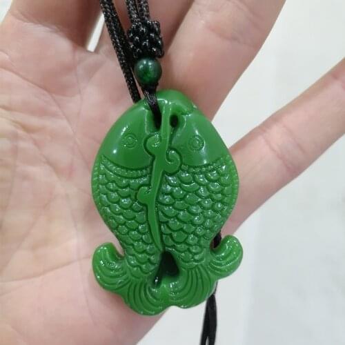 Natural Jade Green Hand Carved Carp Pendant Fashion Jewelry Mens and Womens Fish Necklace Gift Accessories