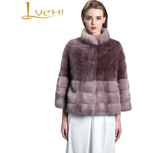 LVCHI Winter 2019 Mandarin Mink Coat Patchwork Real Mink Fur Spliced Pink Coat Natural Fur Causal Womens Short Loss Mink Coat