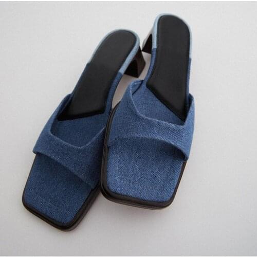 New Fashion Womens Slippers Summer Womens Blue Denim Square Toe Casual Thick High-heeled Sandals