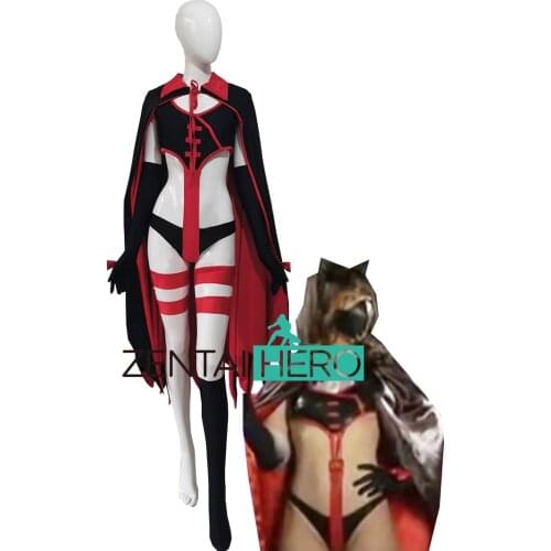 New Arrival Sexy Villain Heroine Lady Black/Red Lycra Spandex Girl Scarlet Fox Costume Zentai Leotard Gigalady with Cape