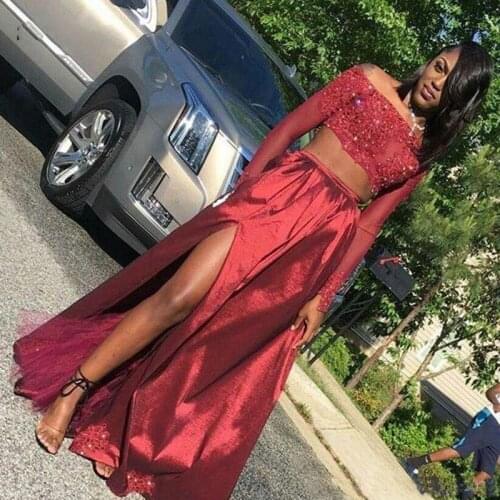 Popular Two Pieces Dark Red Prom Dresses African Black Girls Party Dress Off The Shoulder Long Sleeves High Split Evening Gowns