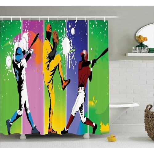 Sports Shower Curtain Players in Different Positions in Playground Action Based Catcher Pitcher Modern Sports Bathroom Curtains