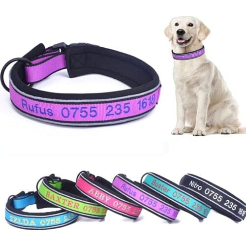 Reflective Padded Personalized Dog Collars -Custom Embroidered Pet Name and Phone Number - Adjustable Sizes- Quick Release