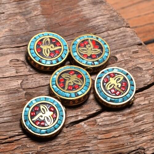 TZ010 Nepal Beads Handmade Eye of the Buddha Bead, Brass with Synthetic Coral and Turkey stone Beads For Jewelry Making