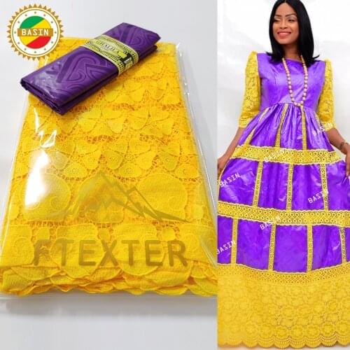 Yellow And Purple Bazin Riche 100% Cotton Embroidery Swiss Voile In Switzerland For Ankara Women Daily Dresses Laces