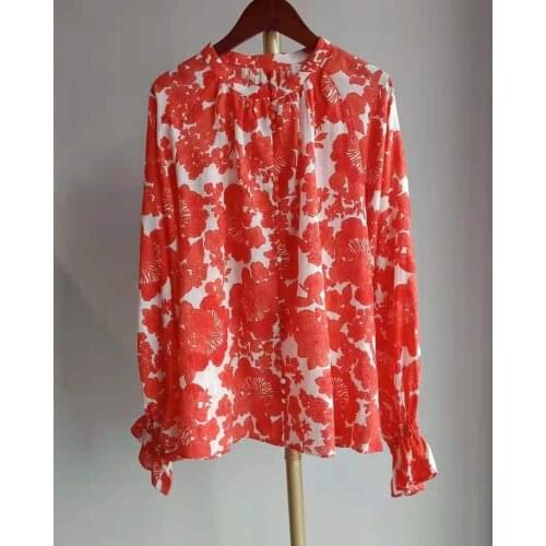 Ladies Cotton Printed Flower Buttoned Long-sleeved Shirt Top