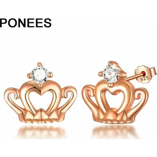 Ponees CZ AAA Zircon Crown Stud Earrings 925 Sterling Silver Earrings For Women Girls Fashion Jewelry Gift