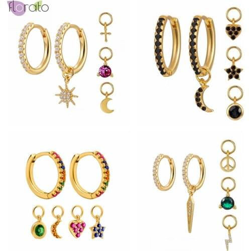 925 Sterling Silver Ear Buckle For Women Minimalist two Hoop Earrings Four small pendants moon/star/cross/bead Circle Earrings