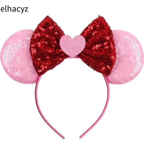 2021 NEW Valentines Day Sweet Pink Mouse Ears Headband 5'' Sequins Bow Hairband Love Red Lips Women Headwear Hair Accessories
