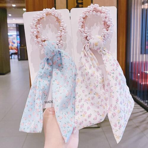 2021 New Childrens Headdress Flower Ribbon Hair Rope Little Girl Sweet Pearl Hair Rie Ponytail Rubber Band