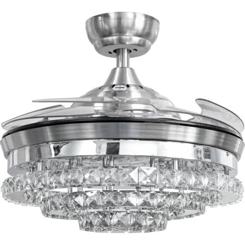 42 Inch Invisible Crystal Ceiling Fan with LED Light and Remote, 4 Retractable ABS Blades Fan Chandelier for Bedroom Diningroom
