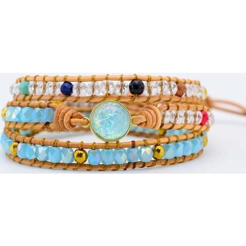Opal Wrap Leather Bracelet 3 Wrap Bracelet Natural Stone Pendant Bracelet Boho Jewelry for Women