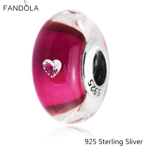 CKK 925 Sterling Silver Cerise Heart Glass Murano Glass Beads Original Charms Jewelry Fits For Bracelets