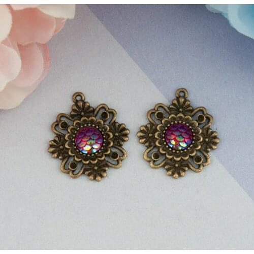 DoreenBeads Zinc Based Alloy & Resin Mermaid Fish Scale Charms Flower Antique Bronze Colorful AB Color DIY 28mm x 25mm, 8 PCs
