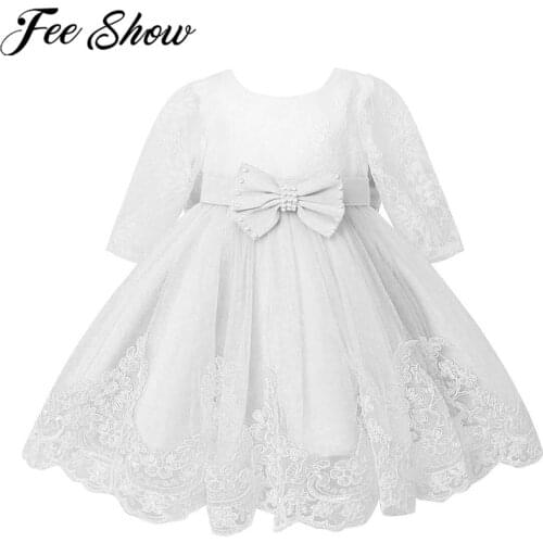 Kids Girls Christening Baptism Lace Dress Toddler Hollow Out Lace Flower Embroidered Flower Beads Bowknot Princess Tutu Dresses