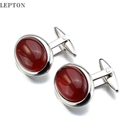 Hot Luxury Red Onyx Cufflinks for Mens Shirt Cuffs Cufflink Lepton High Quality ellipse Stone Cuff links Lepton Jewelry gemelos