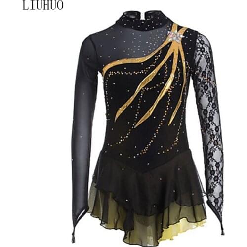 Figure Skating Dress Womens Girls' Ice Skating Dress Black Spandex Lace Rhinestone Performance Leisure Sports Skating Wear Hand