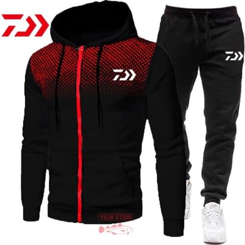 Men Autumn Winter Daiwa Fishing Suits Tracksuit Hooded Sweatshirt Drawstring Sportswear Suit Outdoor FishingTwo Piece Casual Set