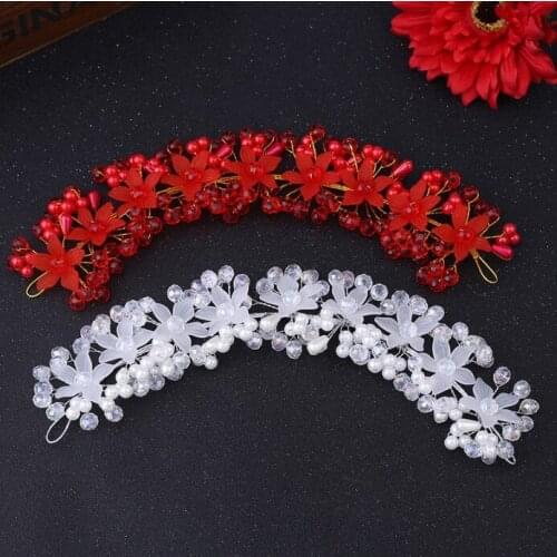 White Red Wedding Hair Accessories Charms Romantic Crystal Pearl Flower Headbands Tiara Bridal Crown Bride Headband Jewelry
