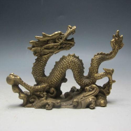 Elaborate Old Chinese Handwork Brass Carved Dragon Play Bead Statue
