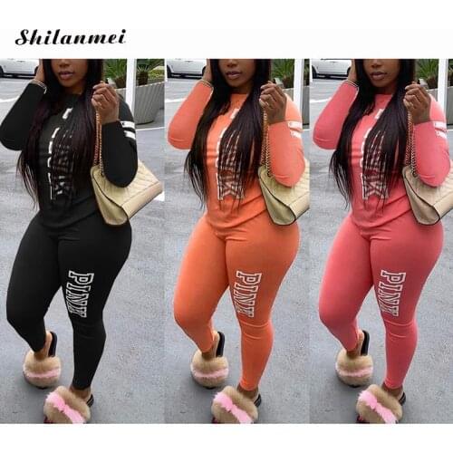 PINK Letter Print Women Set Long Sleeve Top Skinny Pants Suit Sweet Autumn Winter Casual Two Piece Set Elegant Tracksuit Outfit