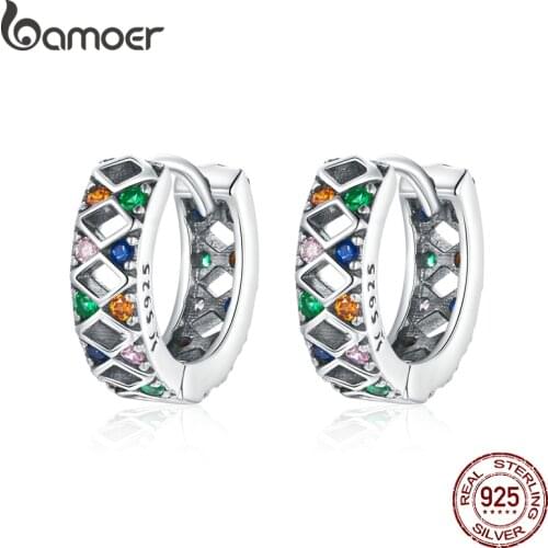 Bamoer Silver Colorful buckles Buckle 100% 925 Sterling Silver Rhombus Shining Stone Earrings for Women Fine jewelry SCE1123