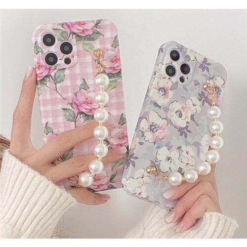 For iPhone 12 Pro Max Cute Flower Pearl Chain Phone Case For iPhone 11 Pro Max XR XS Max 7 8 Plus X Wrist Band Silicon Cover