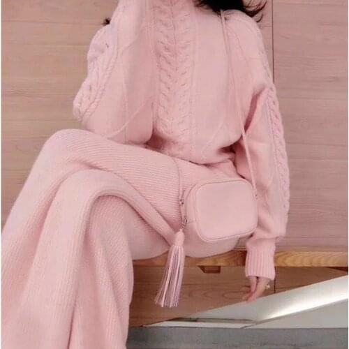 SMTHMA High Quality 2020 New Autumn Winter Knit Pant Sets Women Turtleneck warm pink Sweater + Wide Leg Two Pcs Pants Suits set