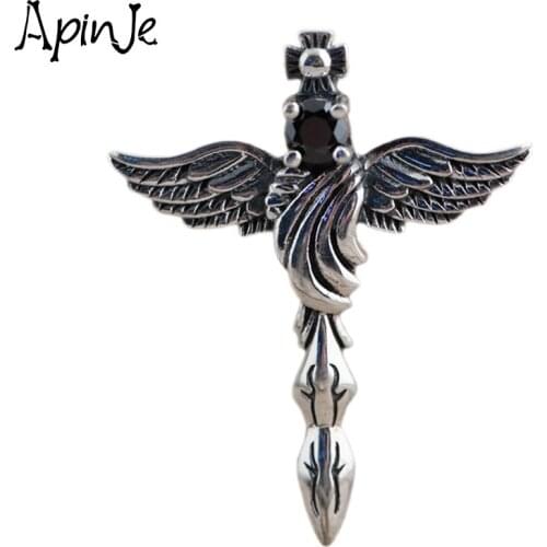 Apinje Vintage 925 Sterling Silver Pendant Necklace for Men And Women Stone Zircon Feathers Wings Religion Cross Pendant