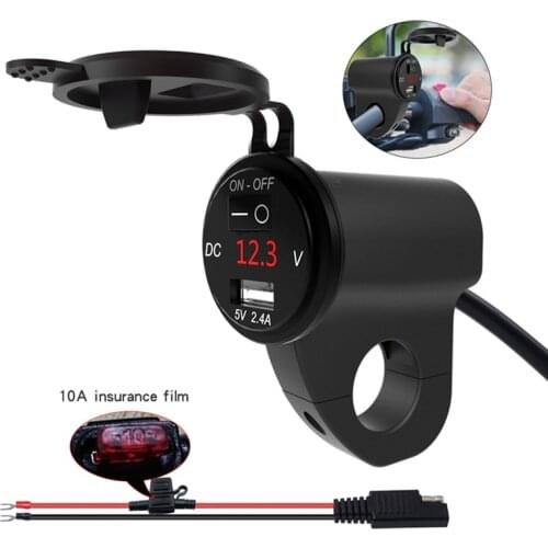 Motorcycle Charger With Fixed Bracket Aluminum Alloy Black Shell Digital Display Voltmeter With Power Switch Car Power Adapter