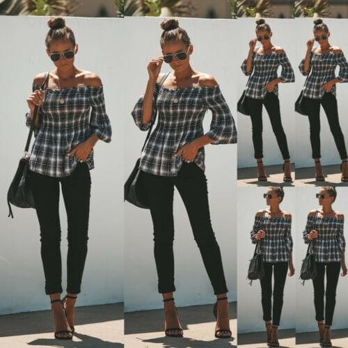 2019 Fashion Summer Women 3/4 Sleeve Loose Plaid Slash Neck Shirt Office Ladies Summer Casual Blouse Tops Shirt