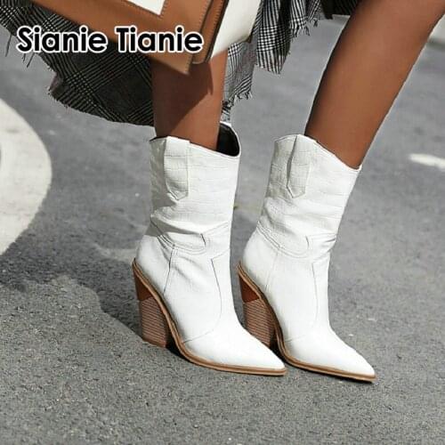 Sianie Tianie 2020 pointed toe strange high heels motorcycle riding boots yellow white loose ankle boots for women size 34-48