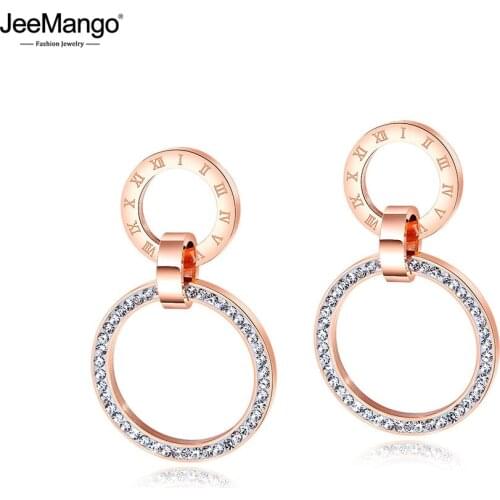 JeeMango Rose Gold Double Round CZ Crystal Stud Earrings For Women Roman Numeral Stainless Steel Ear Jewelry Pendientes JE17097