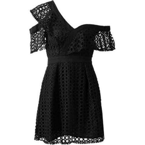 2021 New Sexy Hollow Out Dress Women Elegant White Lace Dress One Shoulder Flare Sleeve Clubwear Short Club Party Dress