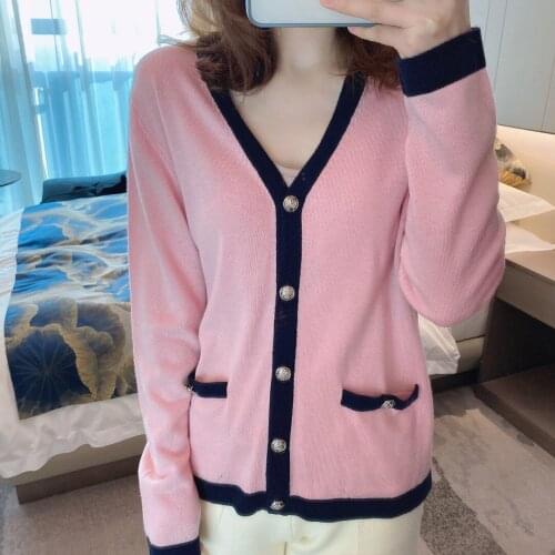 100 wool fragrance V-neck cardigan 09 pink contrast early spring T-shirt net red French coat female