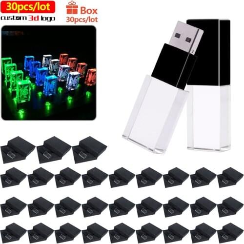 30pcs/lot Free Logo crystal transparent glass with LED light usb usb flash drives usb 2.0 8GB 16GB 32GB 64GB For gift Pendrive