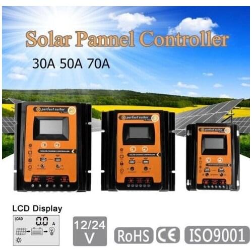 30A/50A/70A 12V 24V Auto Solar Charge Controller PWM With LCD Solar Cell Panel Regulator PV Home