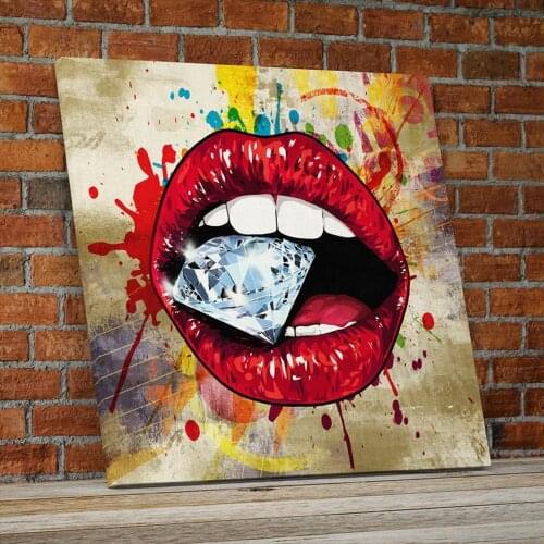 Graffiti Art Sexy Red Lips With Diamond Abstract Posters and Prints Canvas Painting Wall Art Pictures for Living Room Home Decor