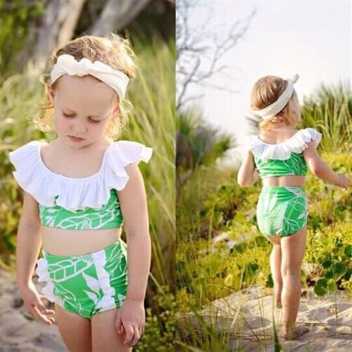 Bikinis Kids Girl Ruffled Print Swimsuit High Waist Bikini Set Swimwear Beachwear Bathing Suit maillot de bain femme mayo C0949