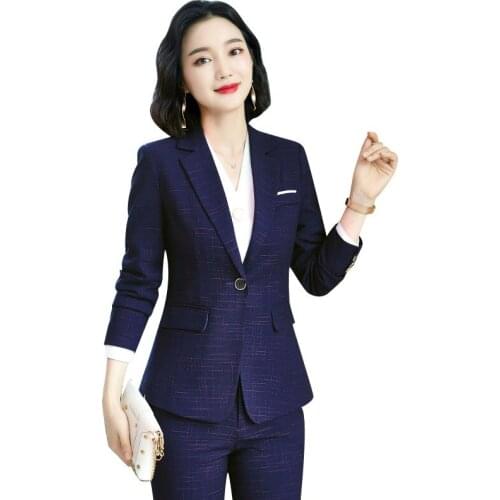 IZICFLY Autumn Winter High-end Professional Blue Slim Uniform Business Suits with Pants Office Blazer Set For Women Work Wear