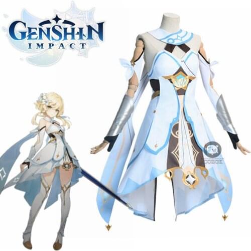 Genshin Impact Cosplay Costume Traveler Lumine Cosplay Costume Women White Costume Halloween Dress Stocking Belt Suit