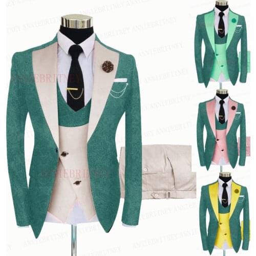 New Sea Blue Suit Men 3 Pieces Custom Groom Wedding Tuxedo Slim Fit Business Blazer Suit Jacket Double Breasted Vest Pants Set