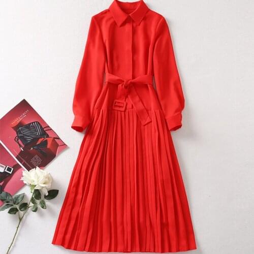 Fashion Designer 2021 Autumn Dresses Women Long Sleeve Red Single Breasted A-line Slim Elegant Pleated XXL Dress